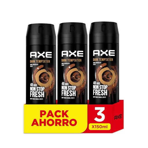 Pack de 3 Desodorantes Axe Dark Temptation (3x150 ml). Bodyspray para hombre con aroma a chocolate y protección de 48h gracias a su Tecnología Dual Action. Axe - frontal