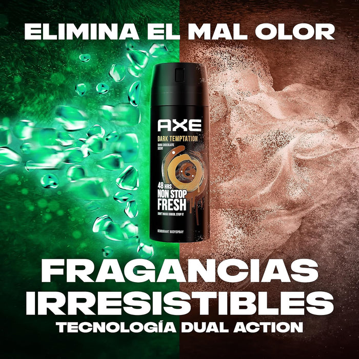 Pack de 3 Desodorantes Axe Dark Temptation (3x150 ml). Bodyspray para hombre con aroma a chocolate y protección de 48h gracias a su Tecnología Dual Action. Axe - lateral