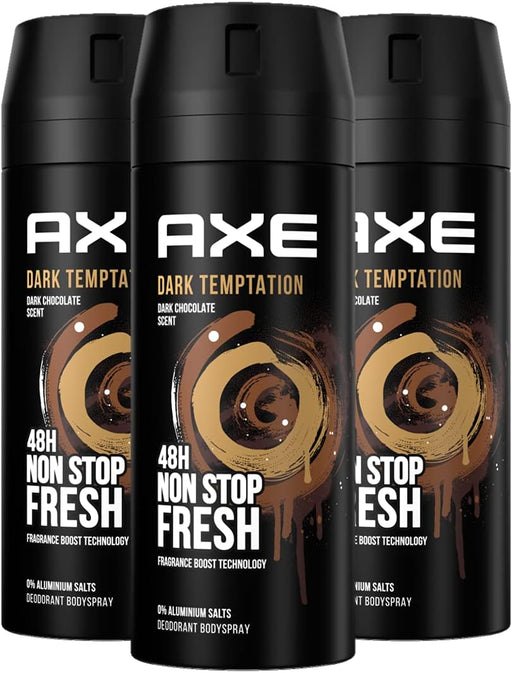 Pack de 3 Desodorantes Axe Dark Temptation (3x150 ml). Bodyspray para hombre con aroma a chocolate y protección de 48h gracias a su Tecnología Dual Action. Axe - pack