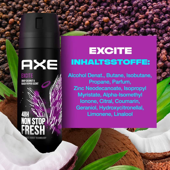 Pack de 3 Desodorantes Axe Excite (3x150 ml). Un bodyspray para hombre sin aluminio con 48h de protección y una fragancia adictiva de coco, avellana y caramelo. Axe - extra