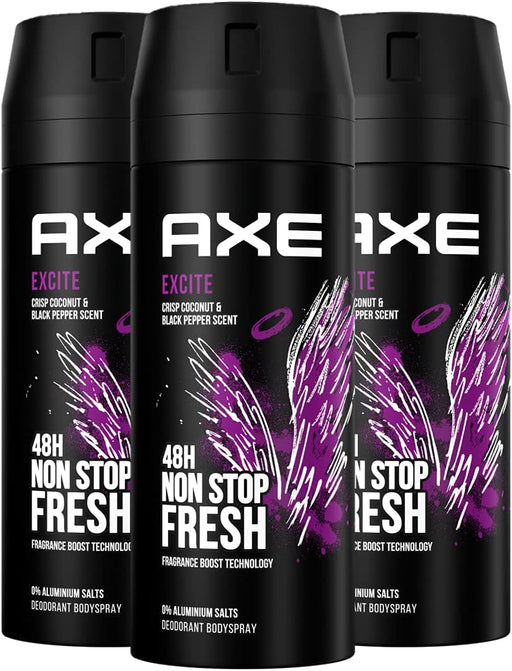 Pack de 3 Desodorantes Axe Excite (3x150 ml). Un bodyspray para hombre sin aluminio con 48h de protección y una fragancia adictiva de coco, avellana y caramelo. Axe - frontal