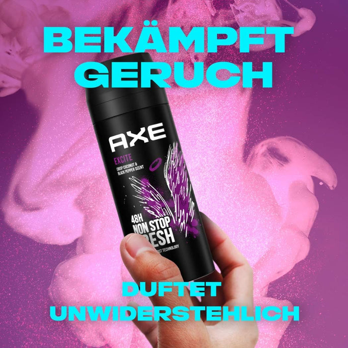 Pack de 3 Desodorantes Axe Excite (3x150 ml). Un bodyspray para hombre sin aluminio con 48h de protección y una fragancia adictiva de coco, avellana y caramelo. Axe - lateral