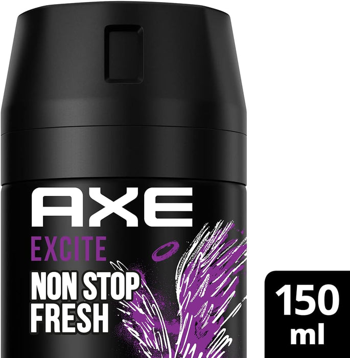 Pack de 3 Desodorantes Axe Excite (3x150 ml). Un bodyspray para hombre sin aluminio con 48h de protección y una fragancia adictiva de coco, avellana y caramelo. Axe - uso