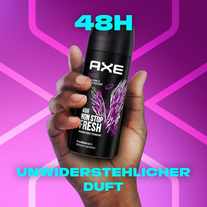 Pack de 3 Desodorantes Axe Excite (3x150 ml). Un bodyspray para hombre sin aluminio con 48h de protección y una fragancia adictiva de coco, avellana y caramelo. Axe - zoom