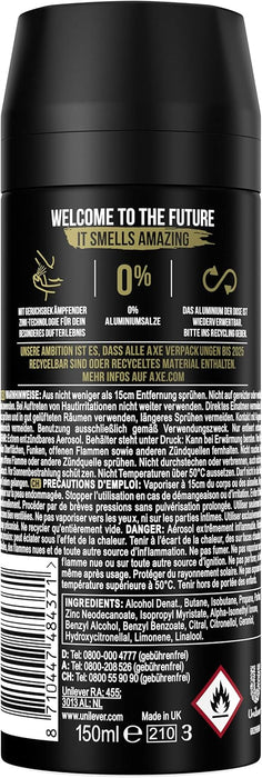 Pack de 3 Desodorantes Axe Gold (3x150 ml). Bodyspray sin aluminio con protección 48h, Tecnología Dual Action y un aroma sofisticado a madera de agar y vainilla. Axe - detalle