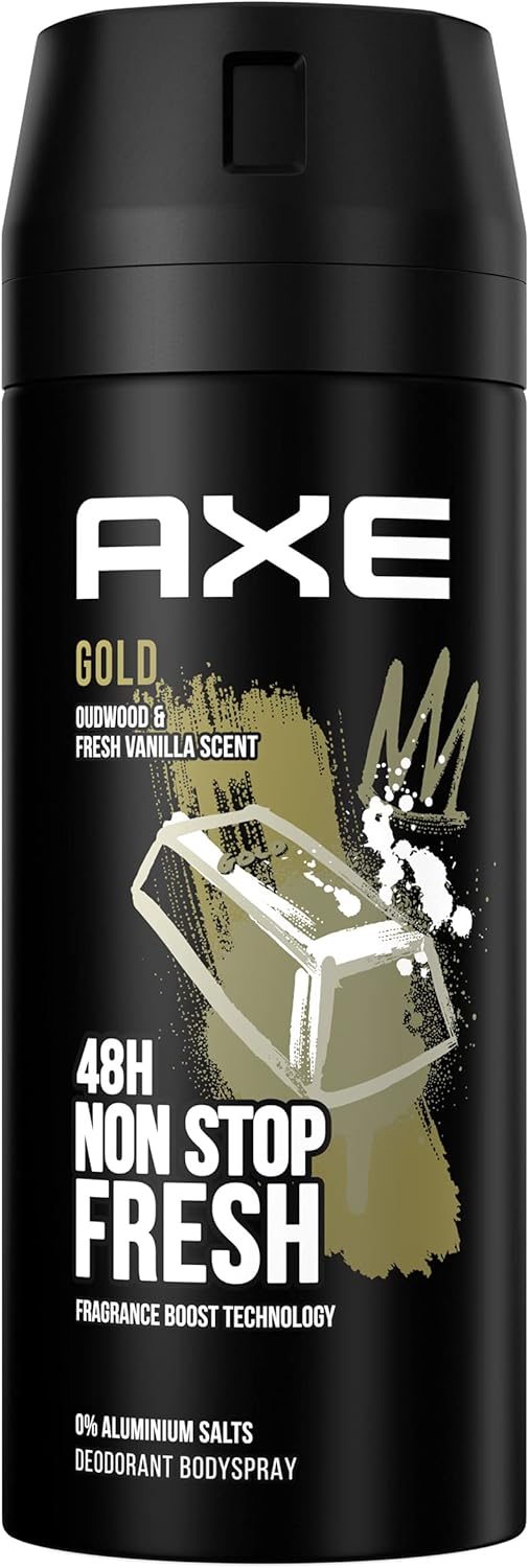 Pack de 3 Desodorantes Axe Gold (3x150 ml). Bodyspray sin aluminio con protección 48h, Tecnología Dual Action y un aroma sofisticado a madera de agar y vainilla. Axe - frontal