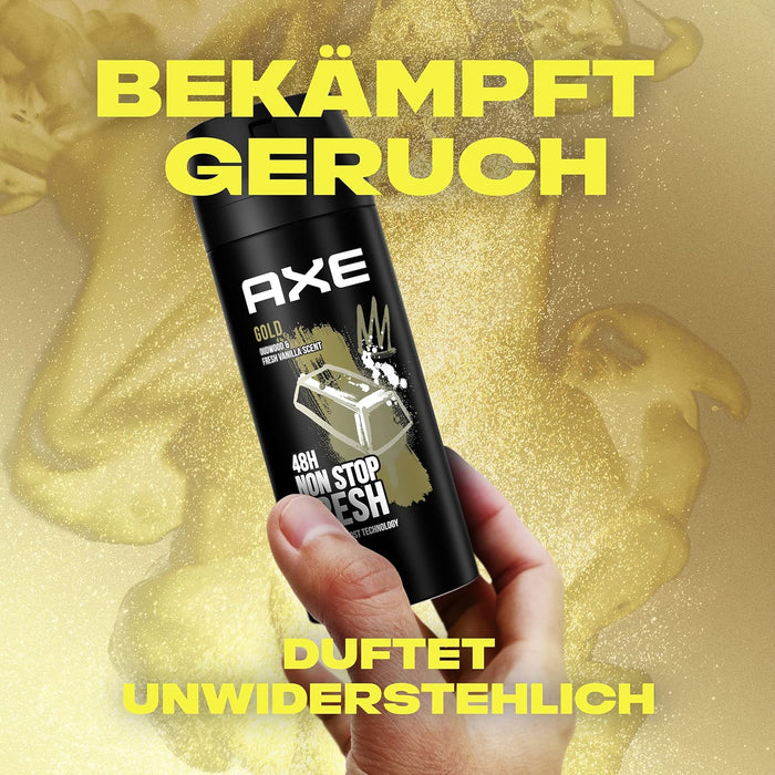 Pack de 3 Desodorantes Axe Gold (3x150 ml). Bodyspray sin aluminio con protección 48h, Tecnología Dual Action y un aroma sofisticado a madera de agar y vainilla. Axe - ingredientes