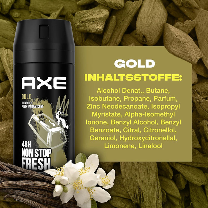 Pack de 3 Desodorantes Axe Gold (3x150 ml). Bodyspray sin aluminio con protección 48h, Tecnología Dual Action y un aroma sofisticado a madera de agar y vainilla. Axe - lateral