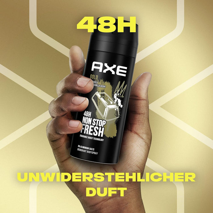 Pack de 3 Desodorantes Axe Gold (3x150 ml). Bodyspray sin aluminio con protección 48h, Tecnología Dual Action y un aroma sofisticado a madera de agar y vainilla. Axe - presentacion