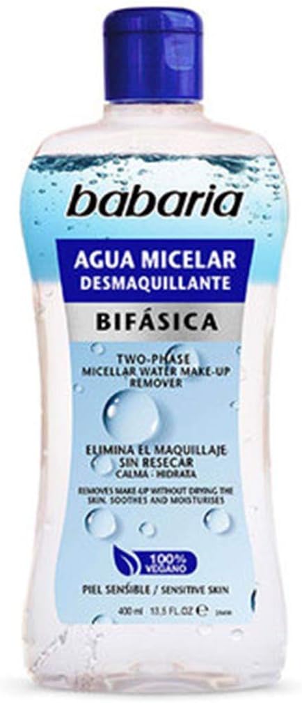 Agua Micelar Bifásica de Babaria en formato de 400 ml. Limpiador facial y desmaquillante de ojos y labios que elimina eficazmente el maquillaje waterproof y de larga duración. Babaria - frontal