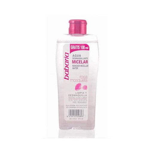 Agua Micelar Suave de Babaria con Aceite de Rosa Mosqueta en formato de 400 ml. Limpia, desmaquilla e hidrata la piel del rostro, ojos y labios en un solo paso y sin necesidad de aclarado. Babaria - frontal