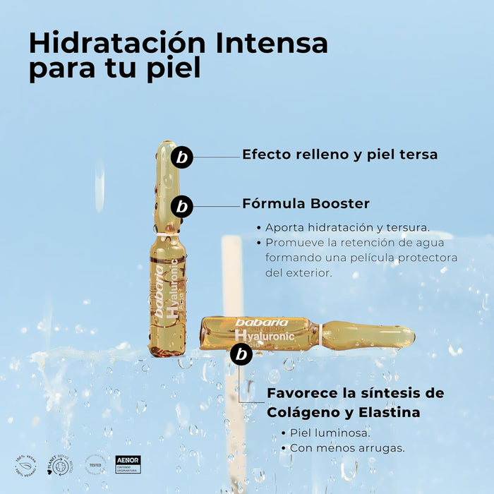 Babaria Ampollas Faciales Flash con Ácido Hialurónico, Efecto Lifting Inmediato. Tratamiento intensivo de 5x2ml para una hidratación profunda y piel más tersa. Babaria - detalle