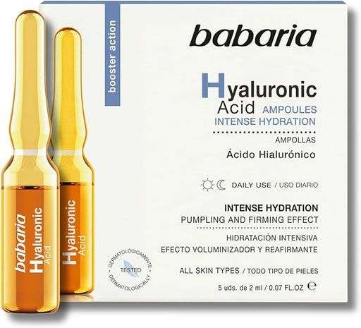 Babaria Ampollas Faciales Flash con Ácido Hialurónico, Efecto Lifting Inmediato. Tratamiento intensivo de 5x2ml para una hidratación profunda y piel más tersa. Babaria - frontal