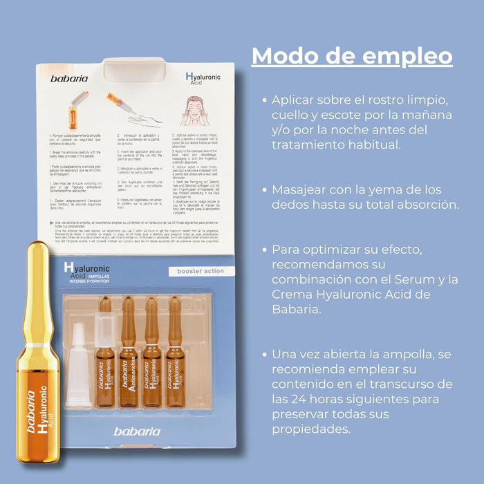 Babaria Ampollas Faciales Flash con Ácido Hialurónico, Efecto Lifting Inmediato. Tratamiento intensivo de 5x2ml para una hidratación profunda y piel más tersa. Babaria - lateral