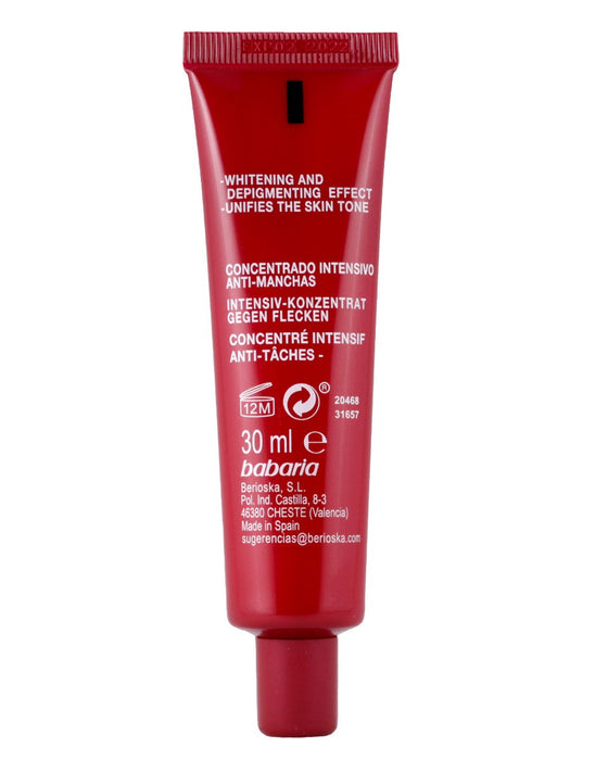 Babaria Crema Facial Antimanchas Intensiva, 125 ml. Tratamiento despigmentante para rostro, cuello y escote que unifica el tono y reduce las manchas oscuras. Babaria - ingredientes