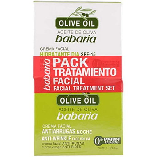 Babaria Pack Tratamiento Facial Olive Oil con Aceite de Oliva. Incluye Crema de Día con SPF15 y Crema de Noche Antiarrugas (2x50ml). Fórmula vegana sin parabenos. Babaria - frontal