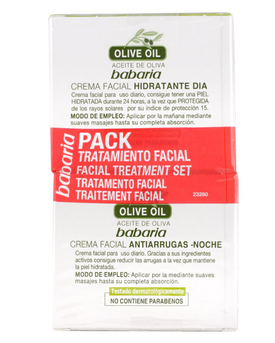Babaria Pack Tratamiento Facial Olive Oil con Aceite de Oliva. Incluye Crema de Día con SPF15 y Crema de Noche Antiarrugas (2x50ml). Fórmula vegana sin parabenos. Babaria - uso