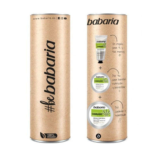 Estuche de Regalo Babaria Cannabis, un set de 3 piezas con las propiedades nutritivas y calmantes del aceite de semilla de Cannabis para el cuidado corporal. Babaria - frontal