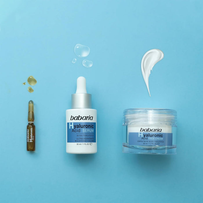 Set de Regalo Mujer Babaria con Rutina Facial Completa de Ácido Hialurónico: Incluye Sérum 30ml, Crema 50ml y Ampolla Flash 2ml para una Hidratación Profunda y Antiedad. Babaria - presentacion