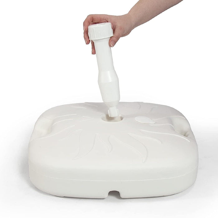BESCH Base Soporte para Sombrilla o Parasol, 34x34x20 cm. Rellenable con hasta 15 litros de agua o arena y compatible con mástiles de 18 a 32 mm de diámetro. Besch - uso