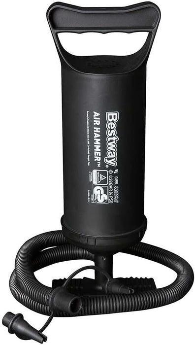 Inflador Manual Bestway Air Hammer de 30 cm. Una bomba de aire de doble acción con manguera flexible y 3 adaptadores de válvula para inflar colchonetas, piscinas y flotadores. Bestway - frontal