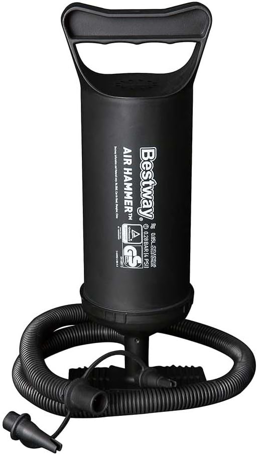 Inflador Manual Bestway Air Hammer de 30 cm. Una bomba de aire de doble acción con manguera flexible y 3 adaptadores de válvula para inflar colchonetas, piscinas y flotadores. Bestway - frontal