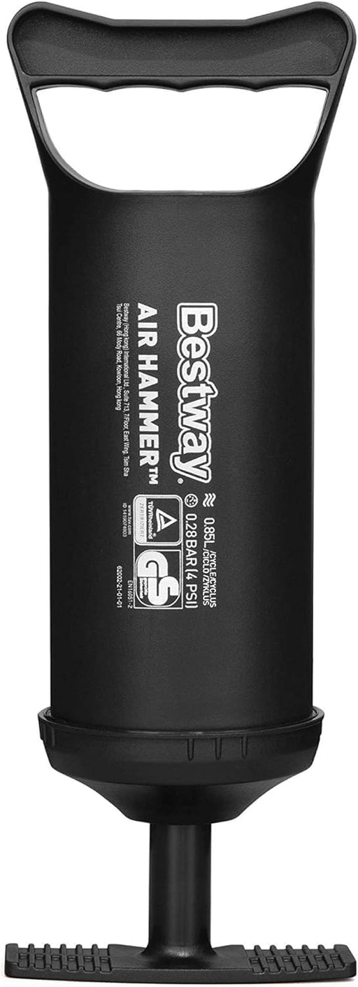 Inflador Manual Bestway Air Hammer de 30 cm. Una bomba de aire de doble acción con manguera flexible y 3 adaptadores de válvula para inflar colchonetas, piscinas y flotadores. Bestway - pack
