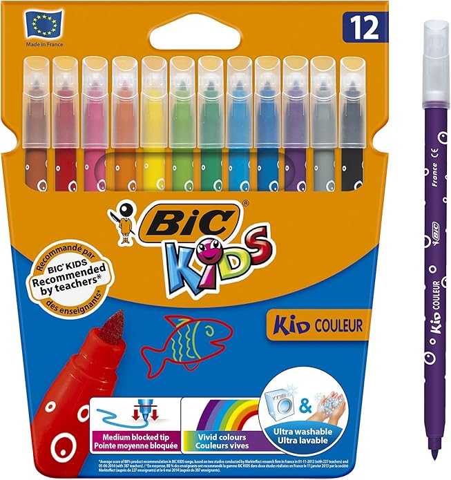 Estuche de 12 Rotuladores BIC Kids Kid Couleur, con punta media bloqueada y tinta ultra lavable. La herramienta ideal para desatar la creatividad de los niños de forma segura. Bic - frontal