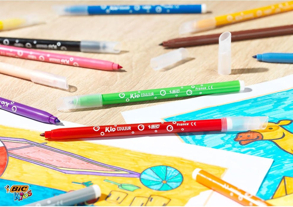 Estuche de 12 Rotuladores BIC Kids Kid Couleur, con punta media bloqueada y tinta ultra lavable. La herramienta ideal para desatar la creatividad de los niños de forma segura. Bic - uso