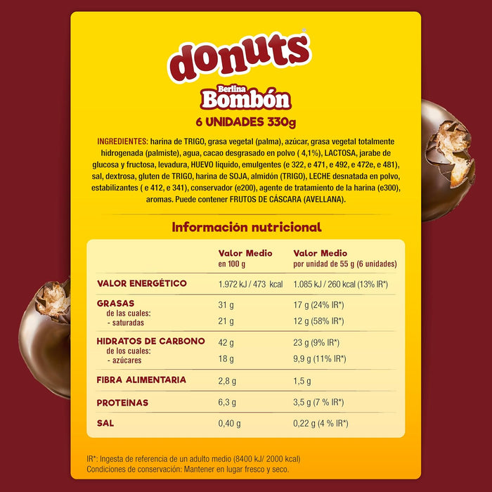 Donuts Bombón, el capricho más irresistible, Pack de 6 unidades. Disfruta de la tierna masa de Donuts de siempre, ahora recubierta con una crujiente y deliciosa capa de chocolate. Bimbo - pack