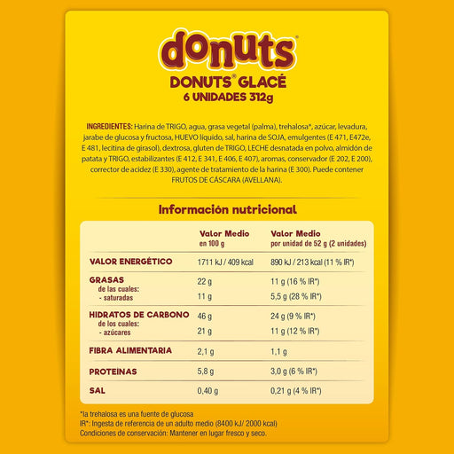 Donuts Glacé, las rosquillas más tiernas y esponjosas, Pack de 6 unidades (52g c/u). Disfruta del sabor original e inconfundible con su clásica y crujiente cobertura glacé. Bimbo - pack