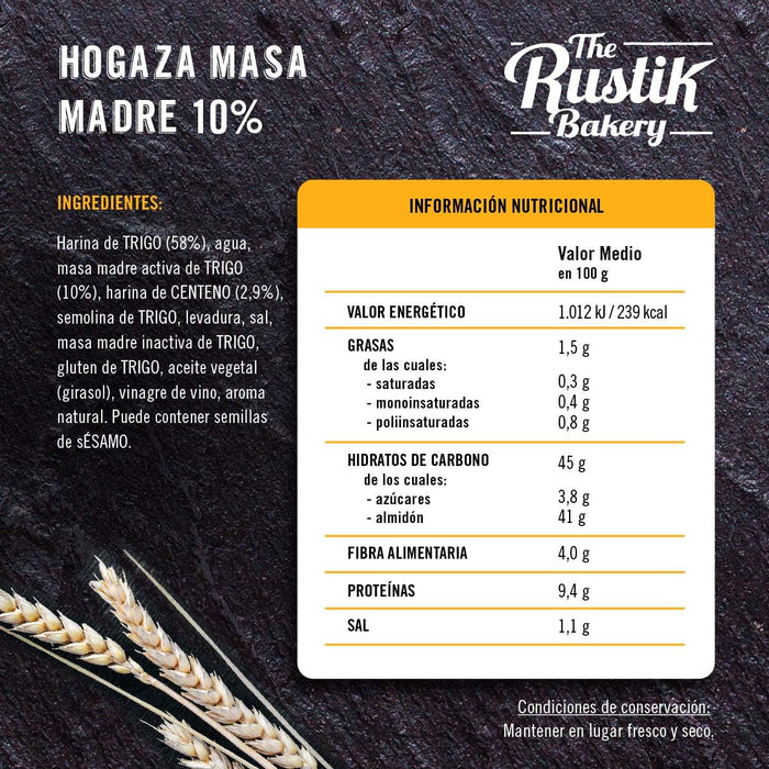The Rustik Bakery Pan de Hogaza con Masa Madre (400g). Un pan de proceso lento elaborado con ingredientes 100% naturales para un sabor, aroma y textura inigualables. Bimbo - lateral