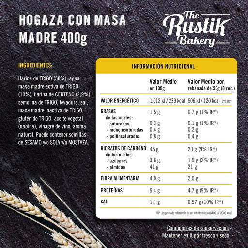 The Rustik Bakery Pan de Hogaza con Masa Madre (400g). Un pan de proceso lento elaborado con ingredientes 100% naturales para un sabor, aroma y textura inigualables. Bimbo - pack