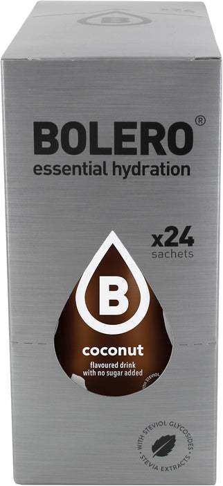 Bolero Bebida en Polvo Sabor Coco, Caja de 24x9g. Preparado instantáneo para bebida fría, hipocalórico, sin azúcar, con Stevia y perfecto para deportistas. Bolero - detalle