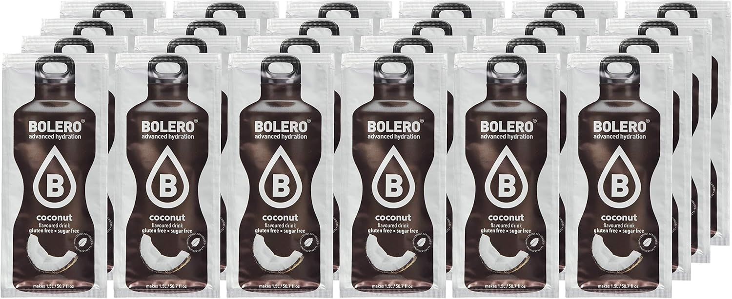 Bolero Bebida en Polvo Sabor Coco, Caja de 24x9g. Preparado instantáneo para bebida fría, hipocalórico, sin azúcar, con Stevia y perfecto para deportistas. Bolero - lateral