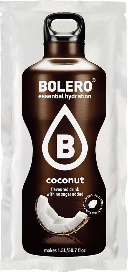 Bolero Bebida en Polvo Sabor Coco, Caja de 24x9g. Preparado instantáneo para bebida fría, hipocalórico, sin azúcar, con Stevia y perfecto para deportistas. Bolero - pack