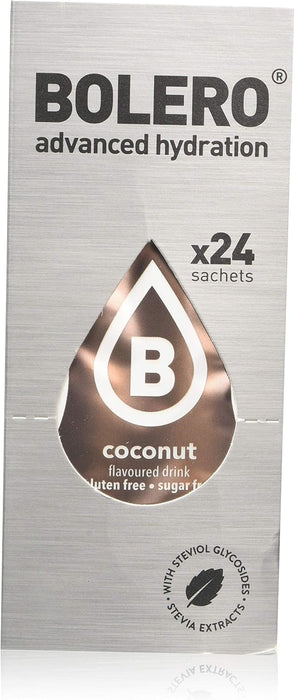 Bolero Bebida en Polvo Sabor Coco, Caja de 24x9g. Preparado instantáneo para bebida fría, hipocalórico, sin azúcar, con Stevia y perfecto para deportistas. Bolero - presentacion