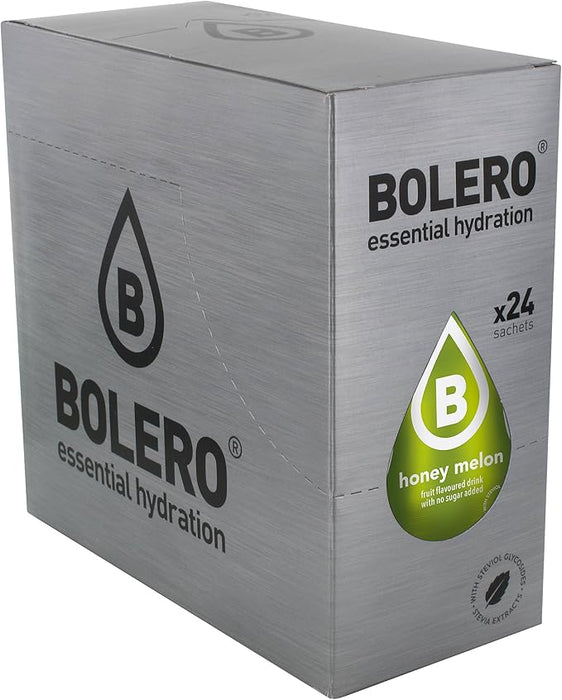 Bolero Bebida en Polvo Sabor Melón con Miel, Caja de 24x9g. Preparado hipocalórico para bebida fría, sin azúcar, con Stevia y enriquecido con Vitamina C. Bolero - frontal