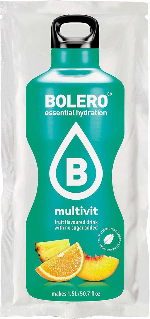 Bolero Bebida en Polvo Sabor Multivitaminas, Caja de 24x9g. Preparado hipocalórico sin azúcar, con Stevia y Vitaminas A, C y E para un refresco funcional. Bolero - pack