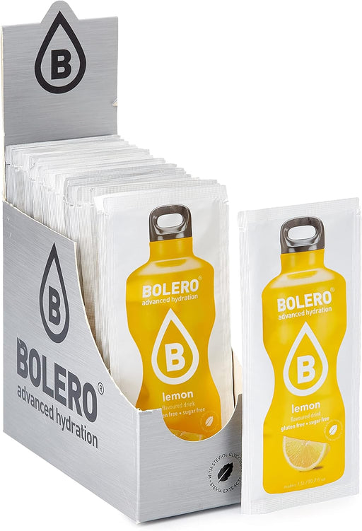 Bolero Bebida Instantánea en Polvo Sabor Limón, Caja de 24x9g. Un refresco bajo en calorías y sin azúcar con Stevia, ideal para la hidratación diaria o durante el deporte. Bolero - frontal