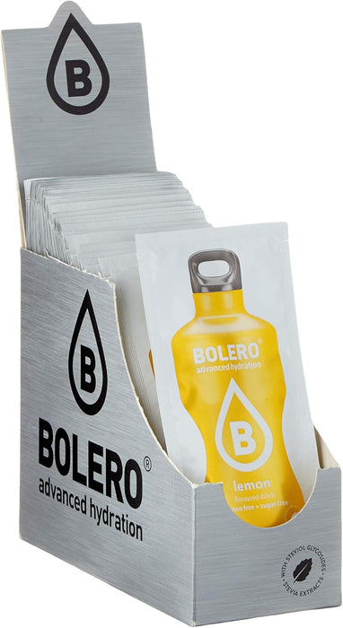 Bolero Bebida Instantánea en Polvo Sabor Limón, Caja de 24x9g. Un refresco bajo en calorías y sin azúcar con Stevia, ideal para la hidratación diaria o durante el deporte. Bolero - lateral