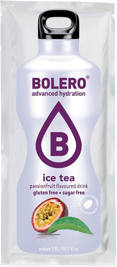 Bolero Bebida Instantánea en polvo sin azúcar sabor Té con Maracuyá, un pack de 12 sobres de 9g. Refresco saludable con Vitamina C, bajo en calorías y endulzado con Stevia. Bolero - frontal