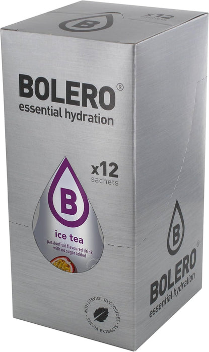 Bolero Bebida Instantánea en polvo sin azúcar sabor Té con Maracuyá, un pack de 12 sobres de 9g. Refresco saludable con Vitamina C, bajo en calorías y endulzado con Stevia. Bolero - pack