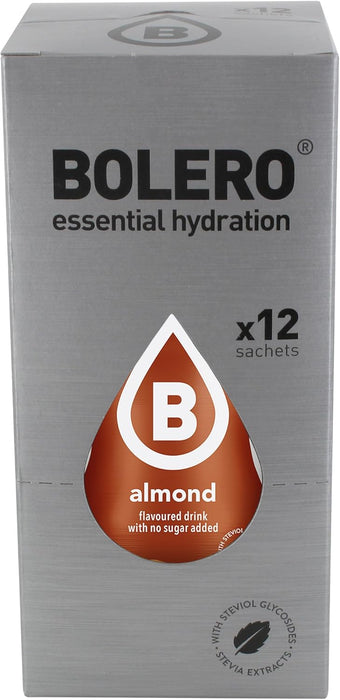 Bolero Bebida Instantánea Sabor Almendra, Pack de 12x9g. Preparado en polvo sin azúcar, con Stevia y Vitamina C, sin gluten ni lactosa para una hidratación gourmet y saludable. Bolero - detalle