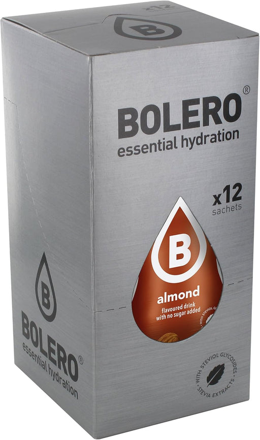 Bolero Bebida Instantánea Sabor Almendra, Pack de 12x9g. Preparado en polvo sin azúcar, con Stevia y Vitamina C, sin gluten ni lactosa para una hidratación gourmet y saludable. Bolero - frontal