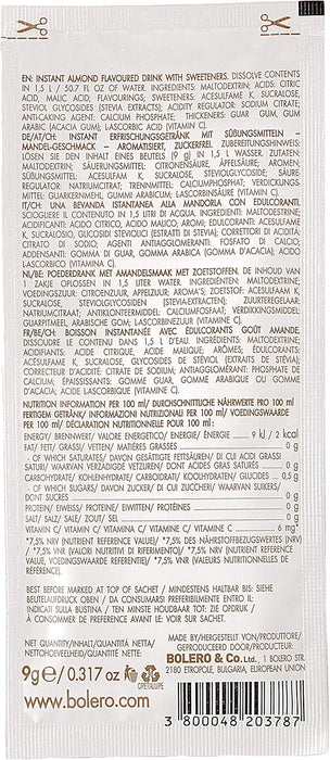 Bolero Bebida Instantánea Sabor Almendra, Pack de 12x9g. Preparado en polvo sin azúcar, con Stevia y Vitamina C, sin gluten ni lactosa para una hidratación gourmet y saludable. Bolero - lateral