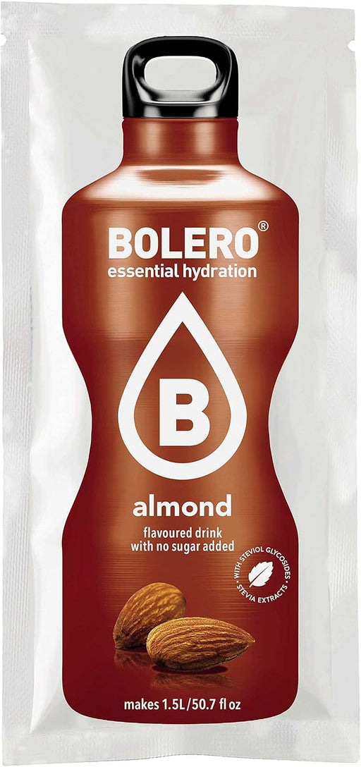 Bolero Bebida Instantánea Sabor Almendra, Pack de 12x9g. Preparado en polvo sin azúcar, con Stevia y Vitamina C, sin gluten ni lactosa para una hidratación gourmet y saludable. Bolero - pack