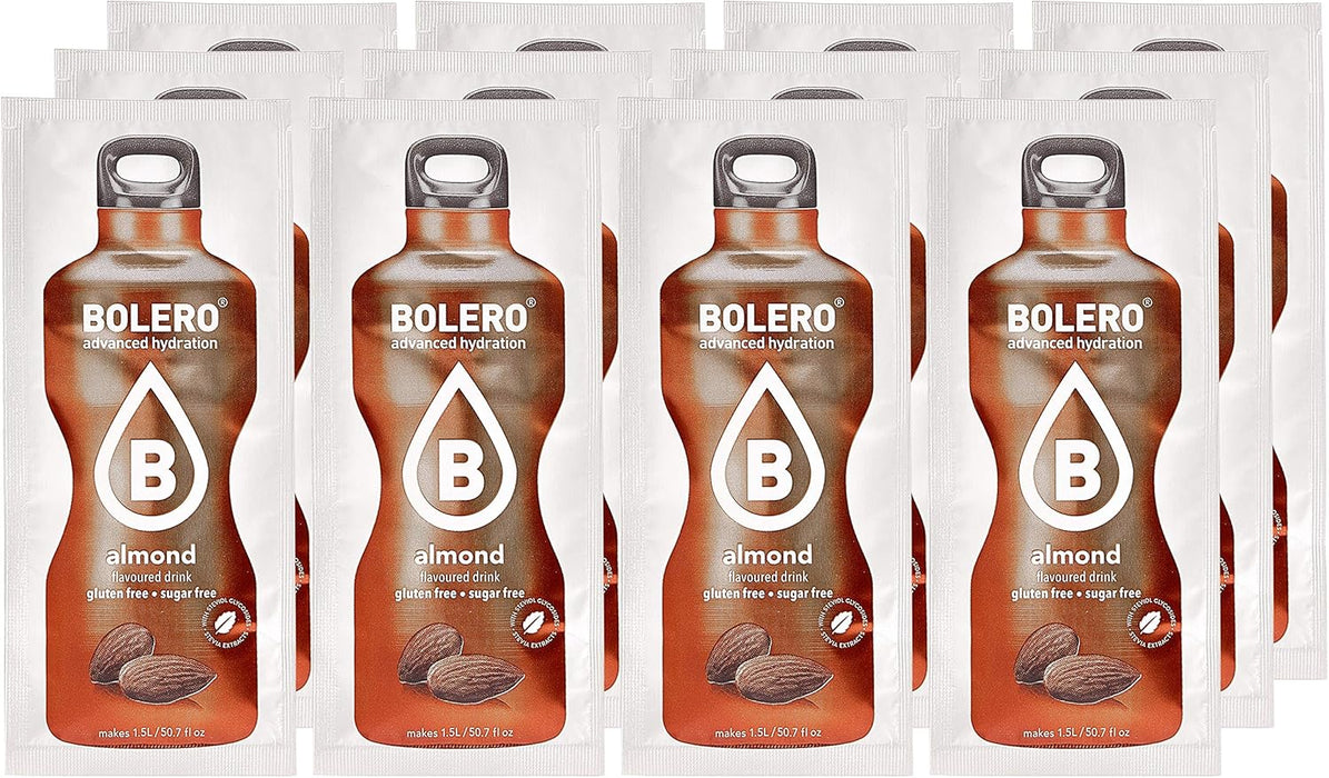 Bolero Bebida Instantánea Sabor Almendra, Pack de 12x9g. Preparado en polvo sin azúcar, con Stevia y Vitamina C, sin gluten ni lactosa para una hidratación gourmet y saludable. Bolero - presentacion