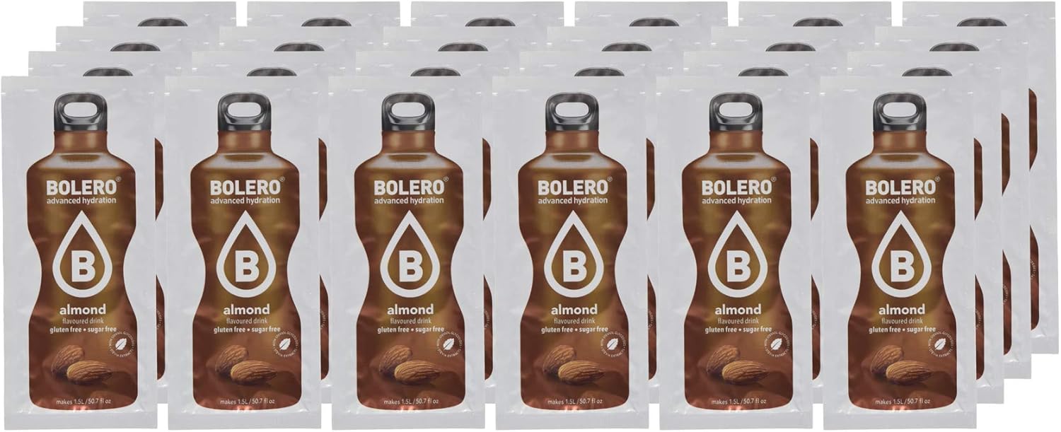 Bolero Bebida Instantánea Sabor Almendra, Pack de 24x9g. Un refresco en polvo bajo en calorías, sin azúcar y con Stevia para una hidratación óptima y llena de sabor. Bolero - extra