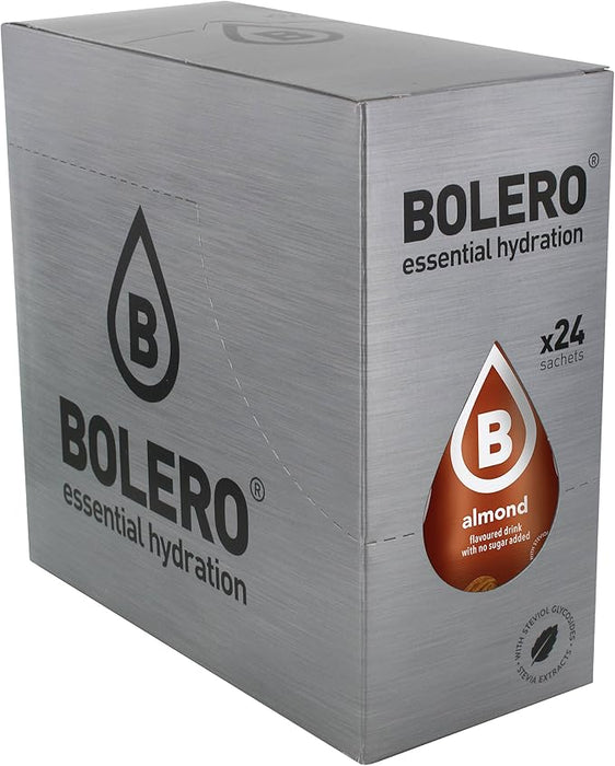 Bolero Bebida Instantánea Sabor Almendra, Pack de 24x9g. Un refresco en polvo bajo en calorías, sin azúcar y con Stevia para una hidratación óptima y llena de sabor. Bolero - frontal